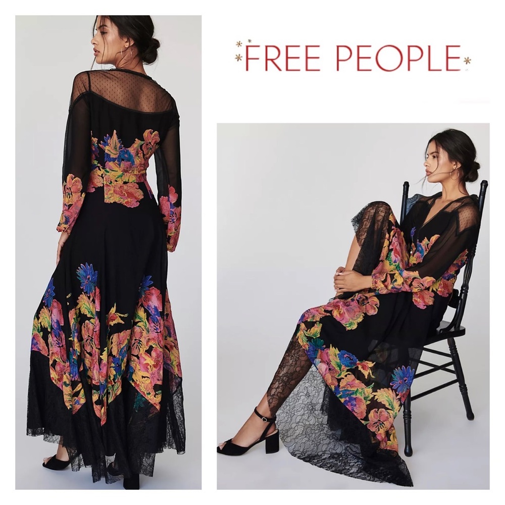 FREE PEOPLE Rare New Bold Blooms Mesh Sheer Maxi Dress 2